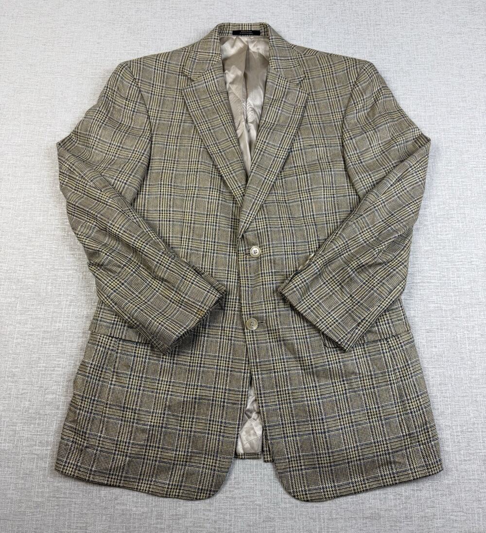 Hart Schaffner Marx Men’s Plaid Blazer Approx 36 Long Tan Navy Made USA